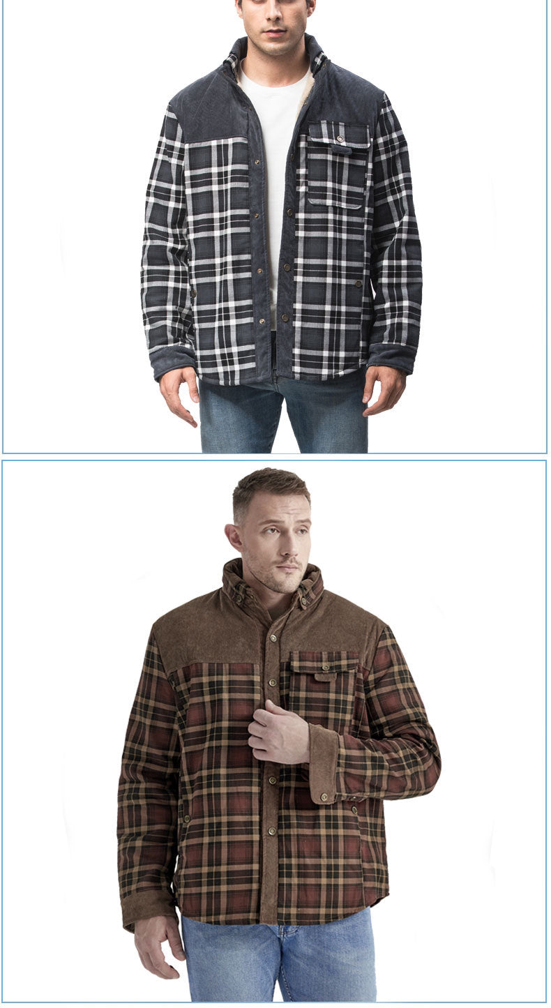 Herren Patchwork Cord Karo Hemd Jacke Übergröße Samtgefüttert Lässiges Winteroberteil | 3251