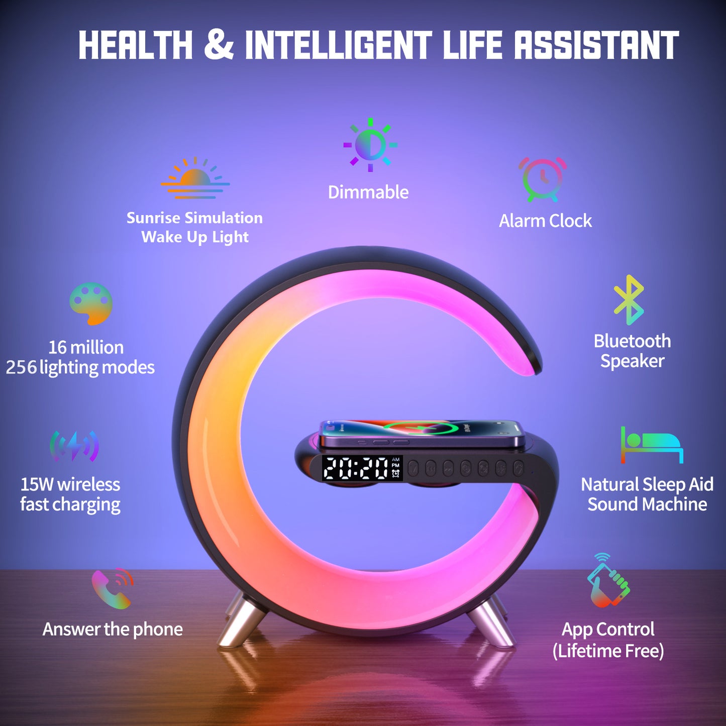 G-Speaker 15W Wireless Charger Wecker Bluetooth mit APP-Steuerung RGB Schreibtischlampe LED | 1001