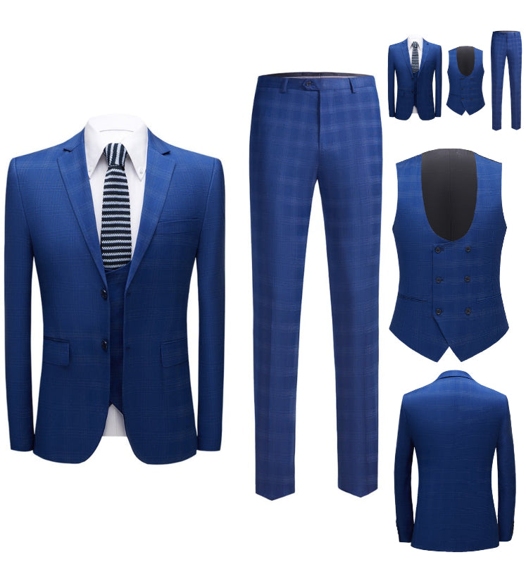 3-teiliger Herrenanzug Slim Fit, karierter Smoking, dunkelblau, Business-Hochzeitskleid, klassisches Herren-Anzug, Jacke, Hose, Weste | 9812-59
