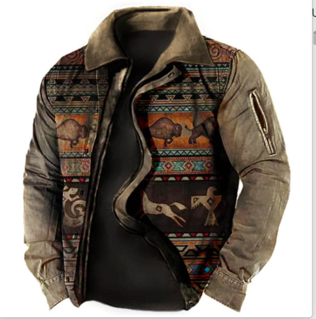 Herren-Fleece-Sherpa-Vintage-Jacke im Azteken-Stil, Übergröße, Reißverschluss und Knopfleiste, dicker taktischer Winter-Cargomantel mit Reverskragen