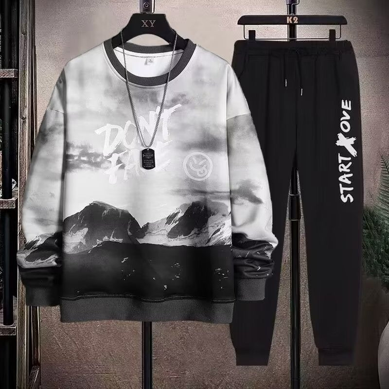 2-teiliges Sweat-Set für Herren, Hose, lässiger Pullover, T-Shirt, Oberbekleidung, locker, All-Match, Farbverlauf, langärmelig, Studentenoberteile | W93