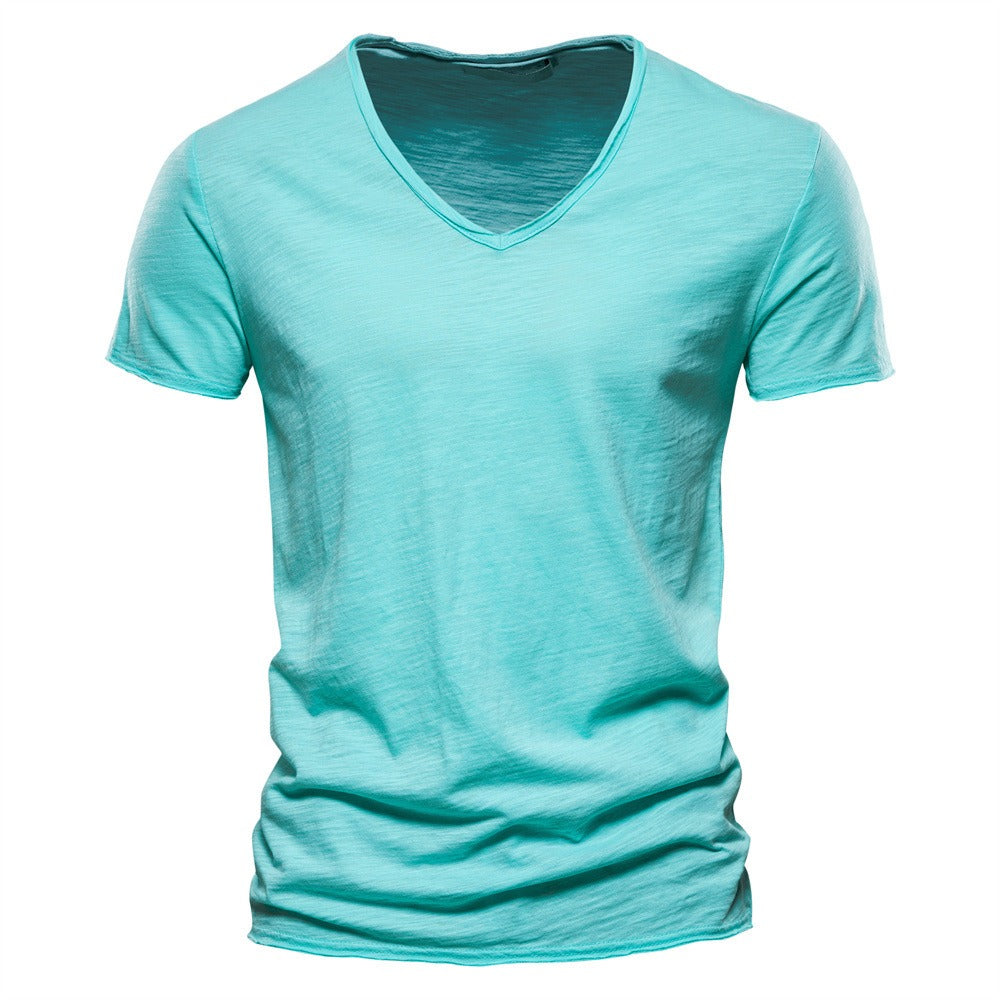 Herren T-Shirt mit tiefem V-Ausschnitt, 100 % Baumwolle, einfarbig, V-Kragen, hochwertiges Basic-T-Shirt | F037