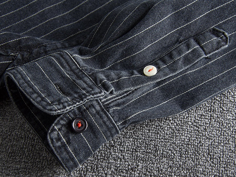 Herren Retro Heavy Distressed Denim Shirt Slim Fit Gestreiftes Langarmhemd | 8833