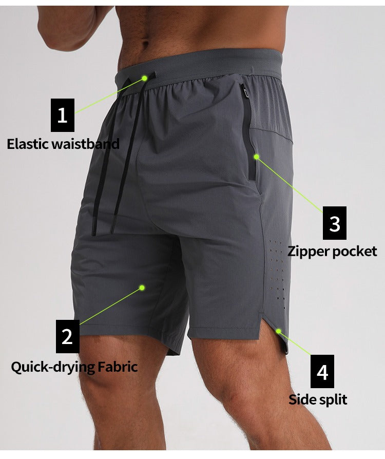 Herren Laufshorts Reißverschlusstaschen Seitlich geteilte Workout Atmungsaktive Gym Shorts | K04