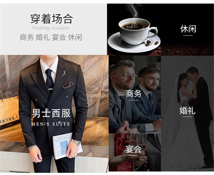 3-teiliger Herren-Freizeitanzug, britischer Slim-Fit-Streifen, zweireihiger Anzug für den Bräutigam und die Hochzeit | DYQ06
