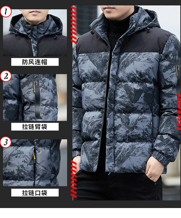 Herren Daunenjacke mit Kapuze, Camouflage, Freizeitmantel, verdickter Winterparka-Mantel | 2308