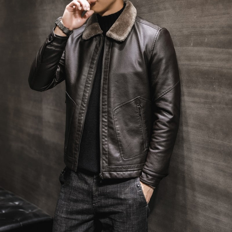 Herren PU-Lederjacke Mäntel Hochwertige Business Pelzkragen Leder Bomber Warme Jacke | 2053
