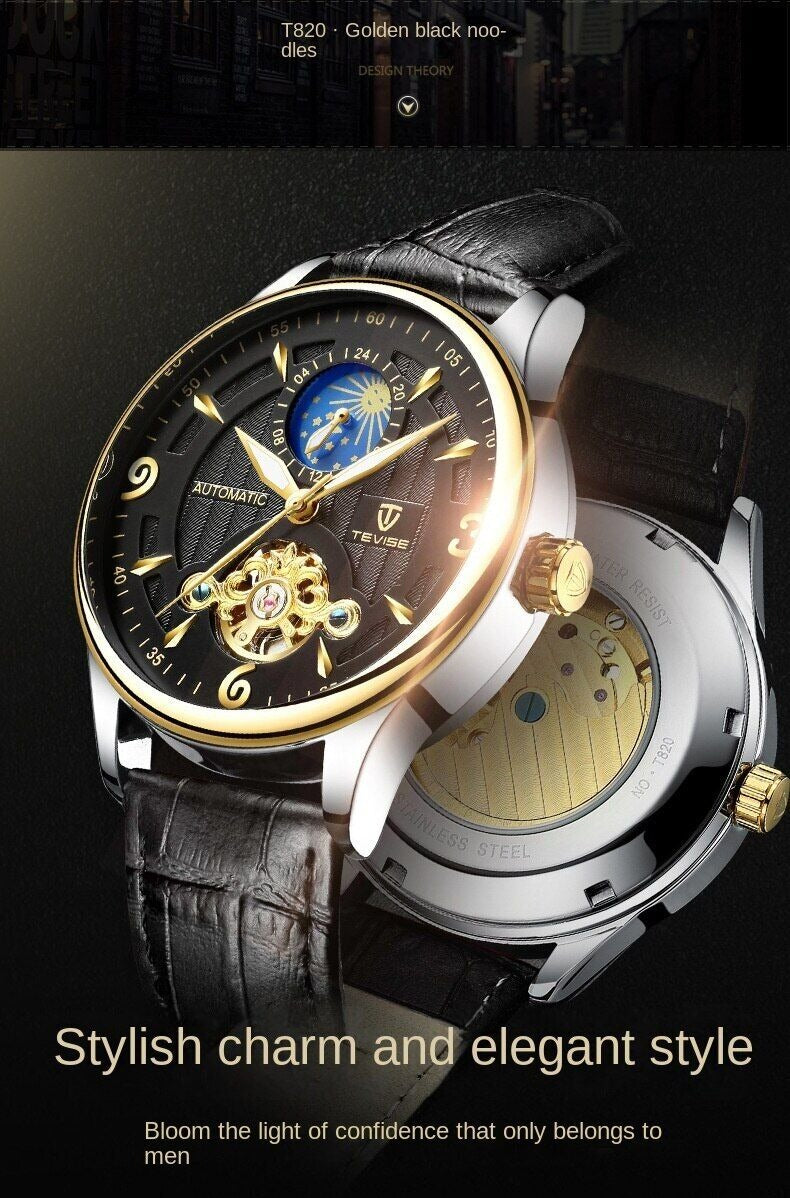 Herren-Automatikuhr aus Leder, mechanisch, Tourbillon, wasserdicht, Freizeituhr | T820b