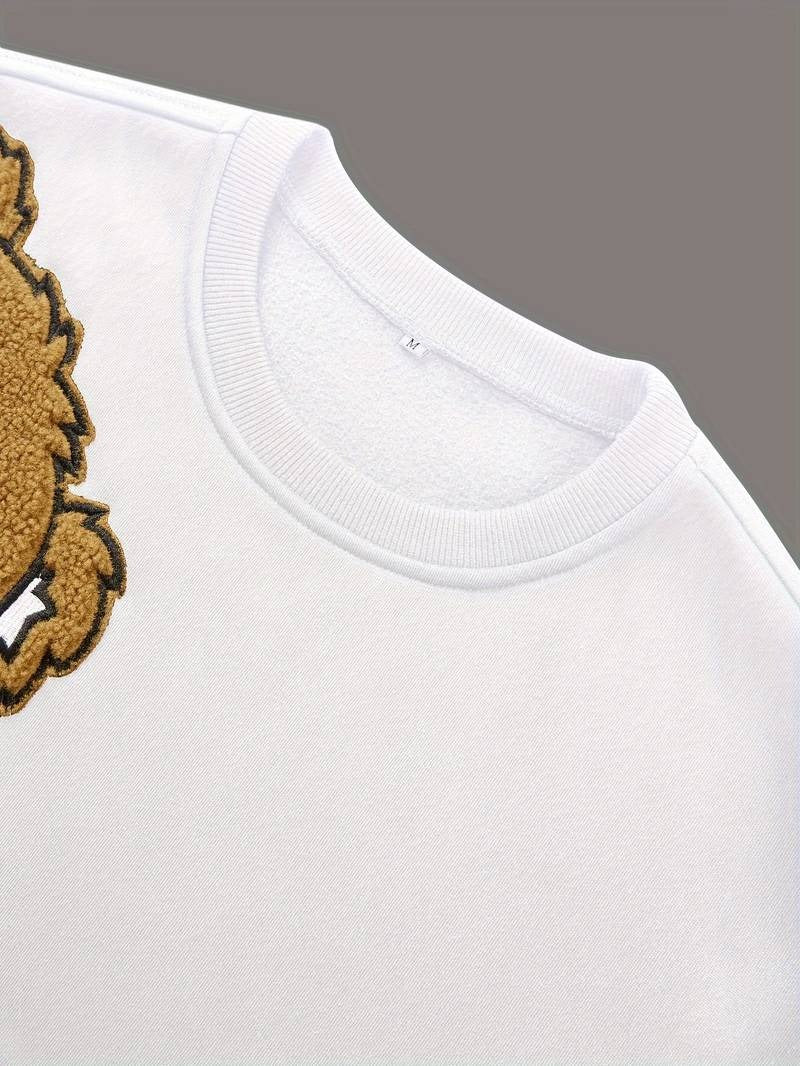 Herren-Sweatshirt mit Cartoon-Bär-Stickerei, Rundhalsausschnitt, Übergröße, Polyestergewebe, lebendiges Tiermuster, Oberteil, Freizeitkleidung, Strickstoffhemd