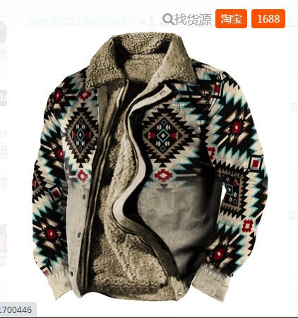Herren-Fleece-Sherpa-Vintage-Jacke im Azteken-Stil, Übergröße, Reißverschluss und Knopfleiste, dicker taktischer Winter-Cargomantel mit Reverskragen