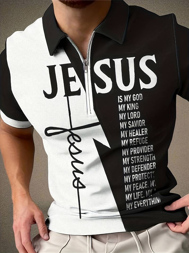 Lässiger „JESUS“-Musterdruck, kurzärmlige Hemden mit Reißverschluss, Reverskragen, Oberteile, Pullover | POLO46-50
