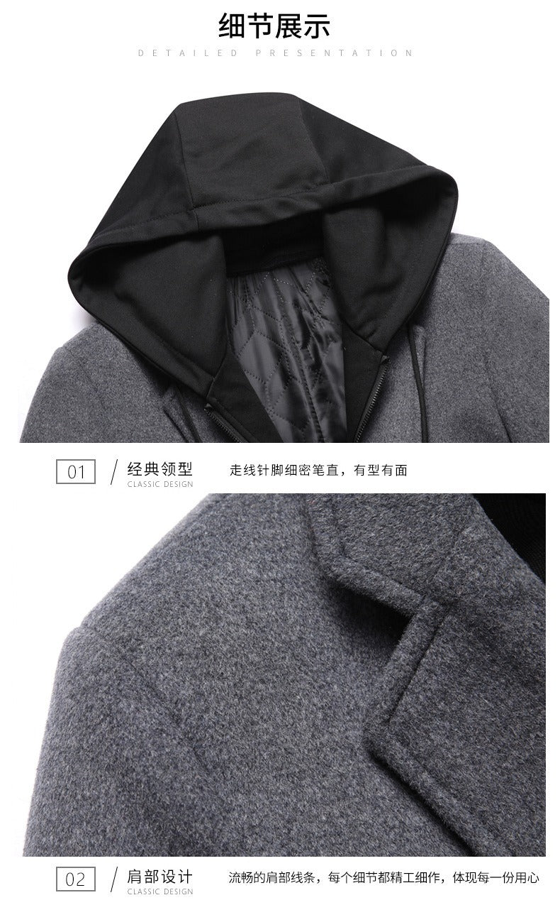 Herren Wolljacke mit abnehmbarer Kapuze, winddicht, mittellanger Mantel, lässiger, dicker Trenchcoat | 1909-3