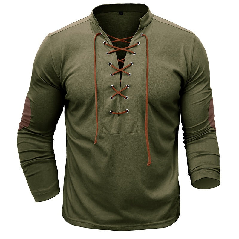 Herren Retro Langarm T-Shirt Offener Stehkragen Base Unhooded Shirt | 2379