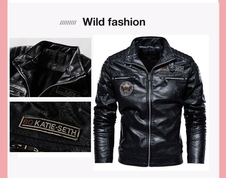 Herren Lederjacke Fleecefutter PU Ledermantel Übergröße Herren Revers Stickerei Blazer Jacke | 6693