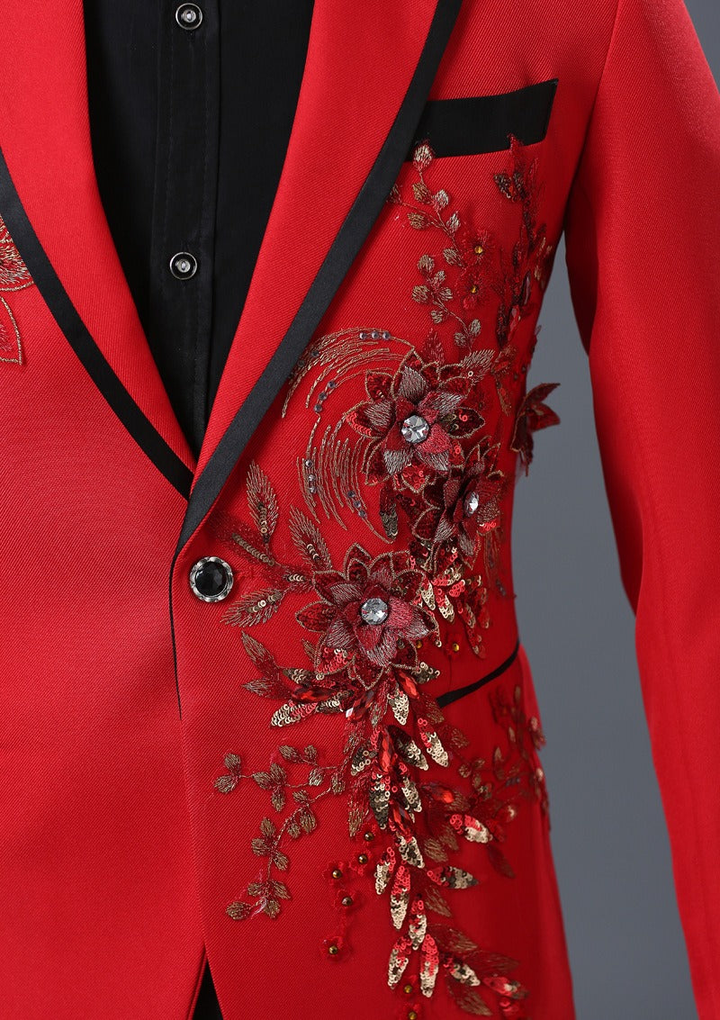 Herrenanzug, 2-teilig, formell, bestickt, elegant, mit blinkenden Pailletten, Kristallen, Blazer, Mantel, Abschlussball, Party, Smoking, Kostüm, Hochzeitsoutfit