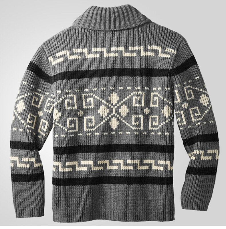 Stilvolle Slim Fit Jacquard-Strickjacke für Herren mit langen Ärmeln, lässiger Reverspullover | SY0013