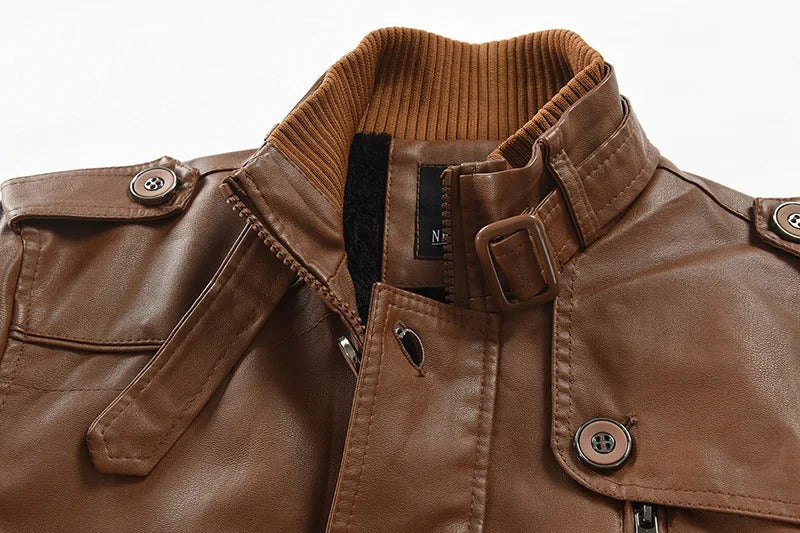 Hochwertige lässige PU-Lederjacke, wasserdicht, dick, Stehkragen, Reißverschluss, langer Mantel