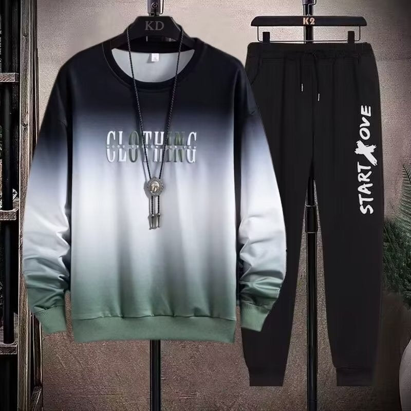 2-teiliges Sweat-Set für Herren, Hose, lässiger Pullover, T-Shirt, Oberbekleidung, locker, All-Match, Farbverlauf, langärmelig, Studentenoberteile | W93