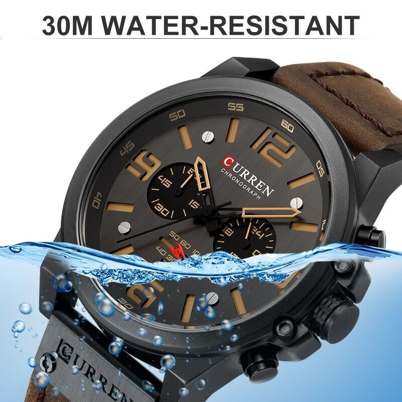 Herren Lederuhr Chronograph Armbanduhr Business Quarz Kalender Militäruhr | 8314