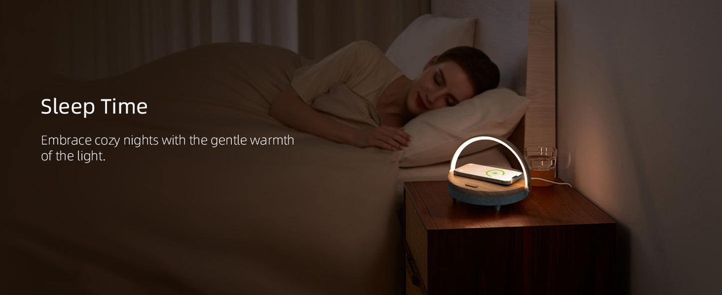 4-in-1-Nachttischlampe mit kabellosem Ladegerät, dimmbarem LED-Bluetooth-Lautsprecher, Telefonhalter und Nachtlicht als Geschenk | Ezvalo