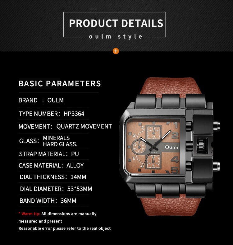 Herrenarmbanduhr Militär Armee Quadratisch Großes Zifferblatt Uhr Sport Lederarmband Quarzuhr | 3364