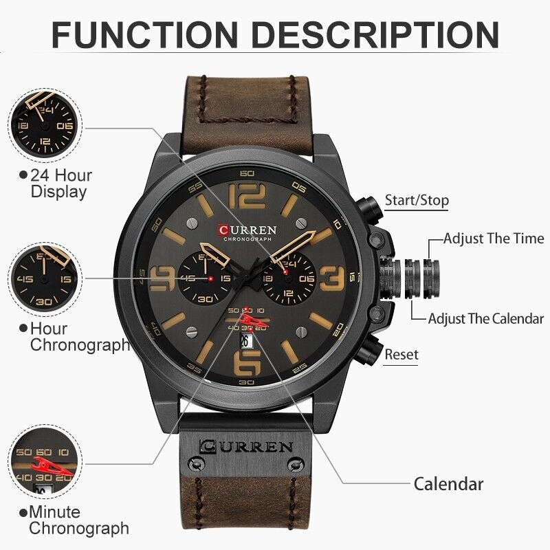Herren Lederuhr Chronograph Armbanduhr Business Quarz Kalender Militäruhr | 8314
