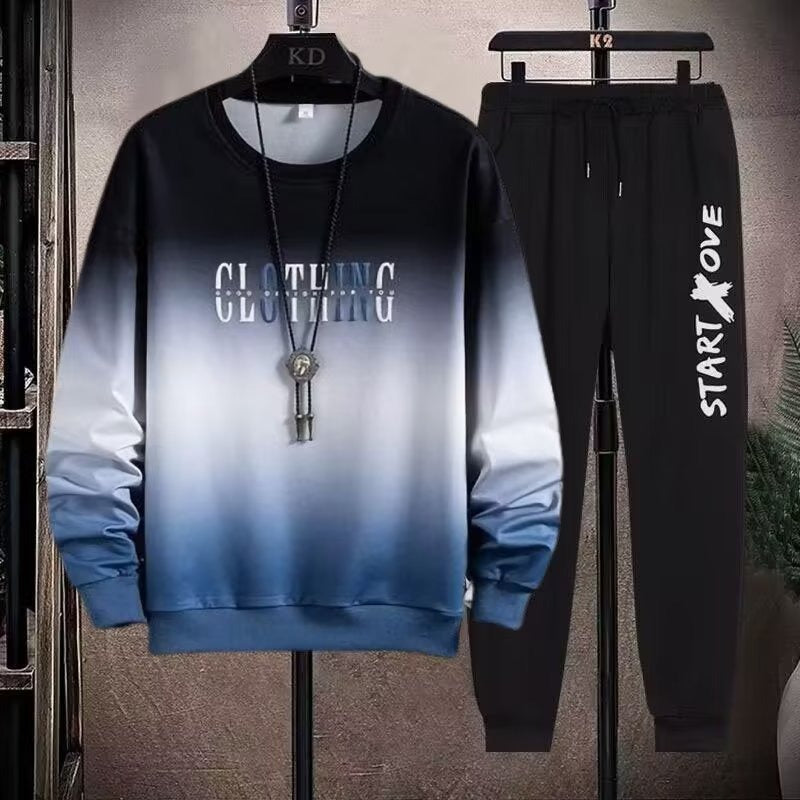 2-teiliges Sweat-Set für Herren, Hose, lässiger Pullover, T-Shirt, Oberbekleidung, locker, All-Match, Farbverlauf, langärmelig, Studentenoberteile | W93