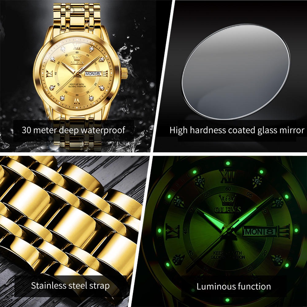 Luxuriöse Edelstahl-Quarzuhr für Herren, hochwertige Freizeit- und Business-Armbanduhr in Gold | 5513