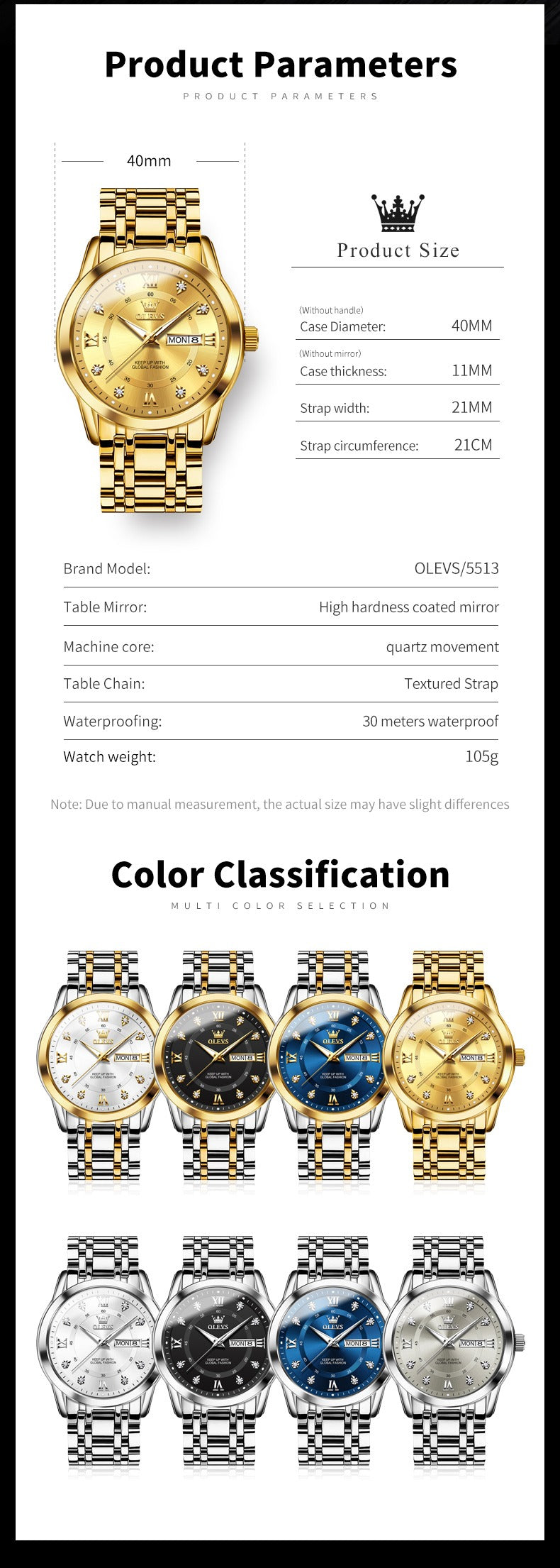Luxuriöse Edelstahl-Quarzuhr für Herren, hochwertige Freizeit- und Business-Armbanduhr in Gold | 5513