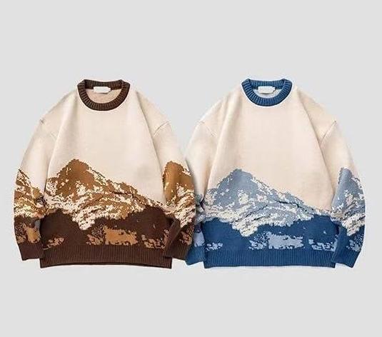 Herren Pullover Winter Schnee Berg Pullover O-Ausschnitt Lockerer Pullover Wolle Langarm Sweatshirt | 231026-7