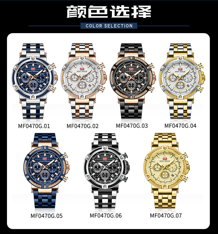 Herren Analog Edelstahl Quarzuhr Mini Focus Chronograph Leuchtuhr | MF047