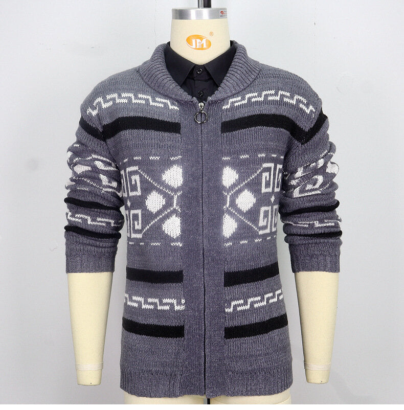 Stilvolle Slim Fit Jacquard-Strickjacke für Herren mit langen Ärmeln, lässiger Reverspullover | SY0013