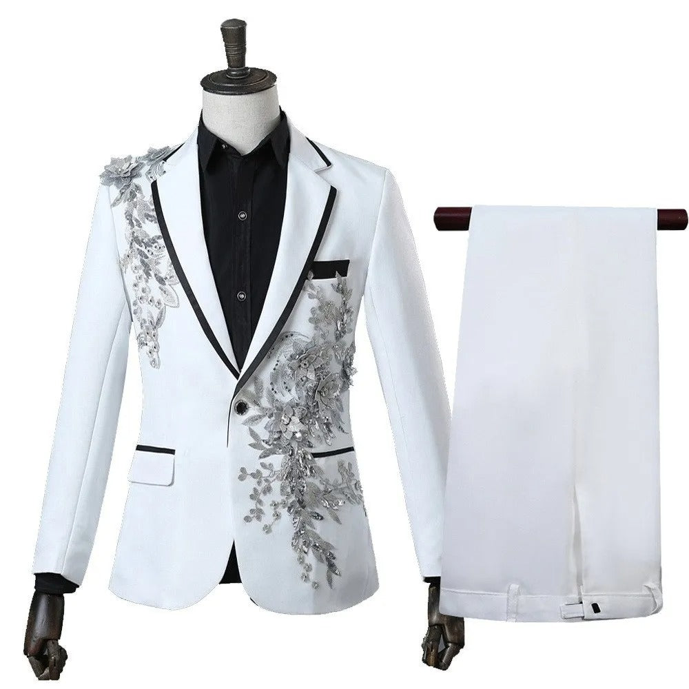 Herrenanzug, 2-teilig, formell, bestickt, elegant, mit blinkenden Pailletten, Kristallen, Blazer, Mantel, Abschlussball, Party, Smoking, Kostüm, Hochzeitsoutfit