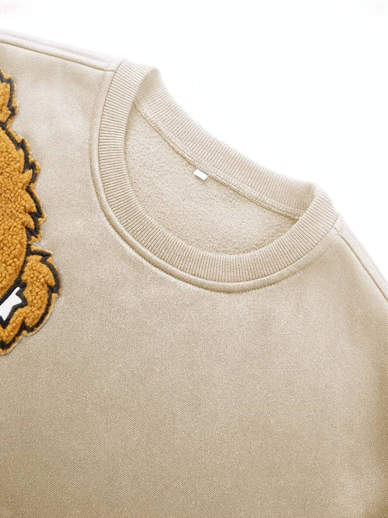 Herren-Sweatshirt mit Cartoon-Bär-Stickerei, Rundhalsausschnitt, Übergröße, Polyestergewebe, lebendiges Tiermuster, Oberteil, Freizeitkleidung, Strickstoffhemd