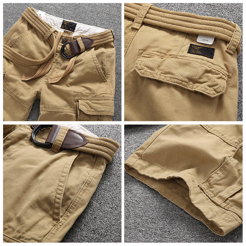 Herren Sommer Locker Gerader Gürtel Outdoor Solide Baumwolle Multi Pocket Shorts | 170