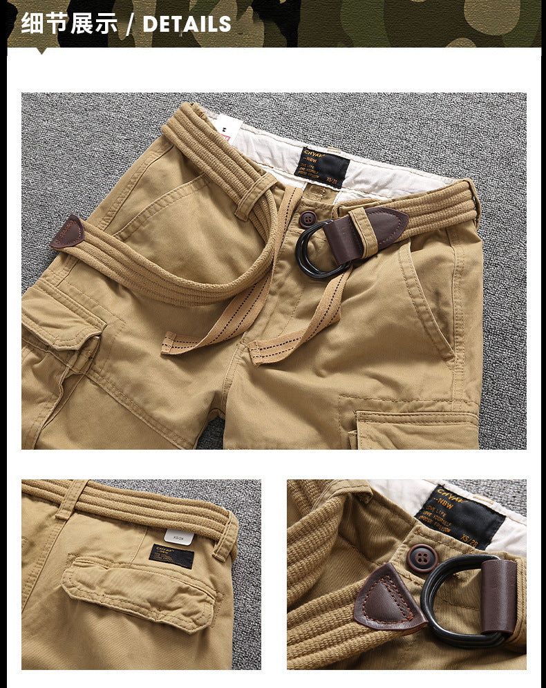 Herren Sommer Locker Gerader Gürtel Outdoor Solide Baumwolle Multi Pocket Shorts | 170