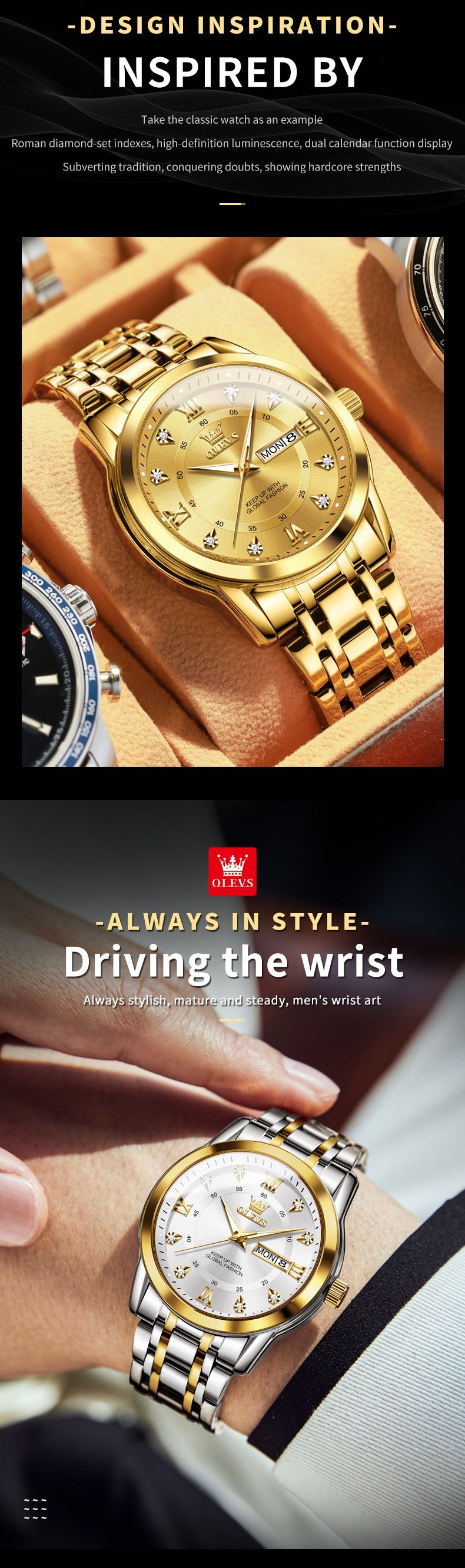 Luxuriöse Edelstahl-Quarzuhr für Herren, hochwertige Freizeit- und Business-Armbanduhr in Gold | 5513
