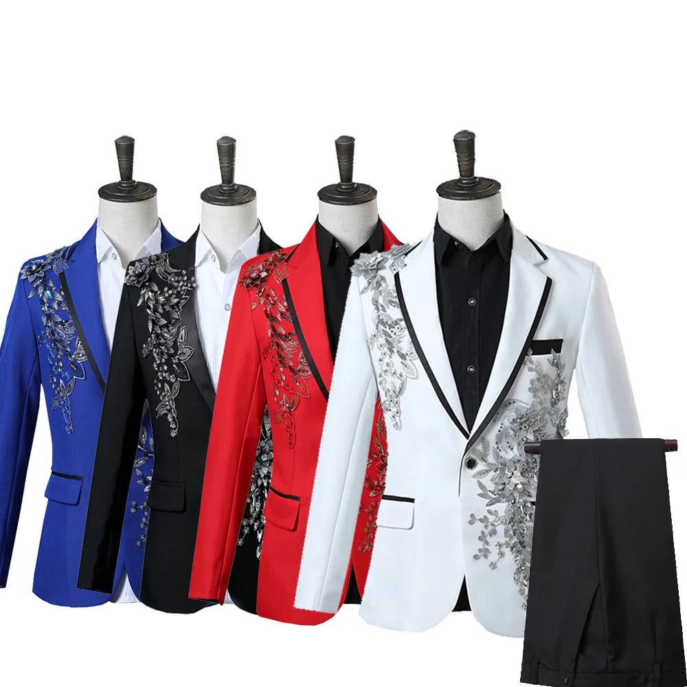 Herrenanzug, 2-teilig, formell, bestickt, elegant, mit blinkenden Pailletten, Kristallen, Blazer, Mantel, Abschlussball, Party, Smoking, Kostüm, Hochzeitsoutfit