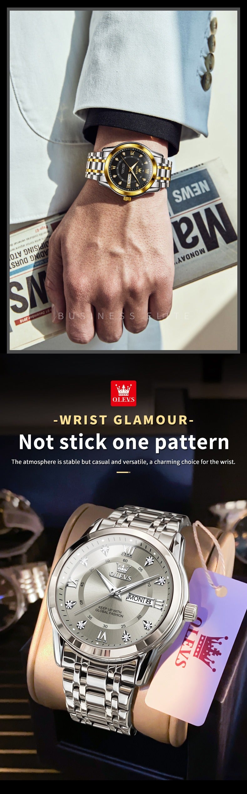 Luxuriöse Edelstahl-Quarzuhr für Herren, hochwertige Freizeit- und Business-Armbanduhr in Gold | 5513