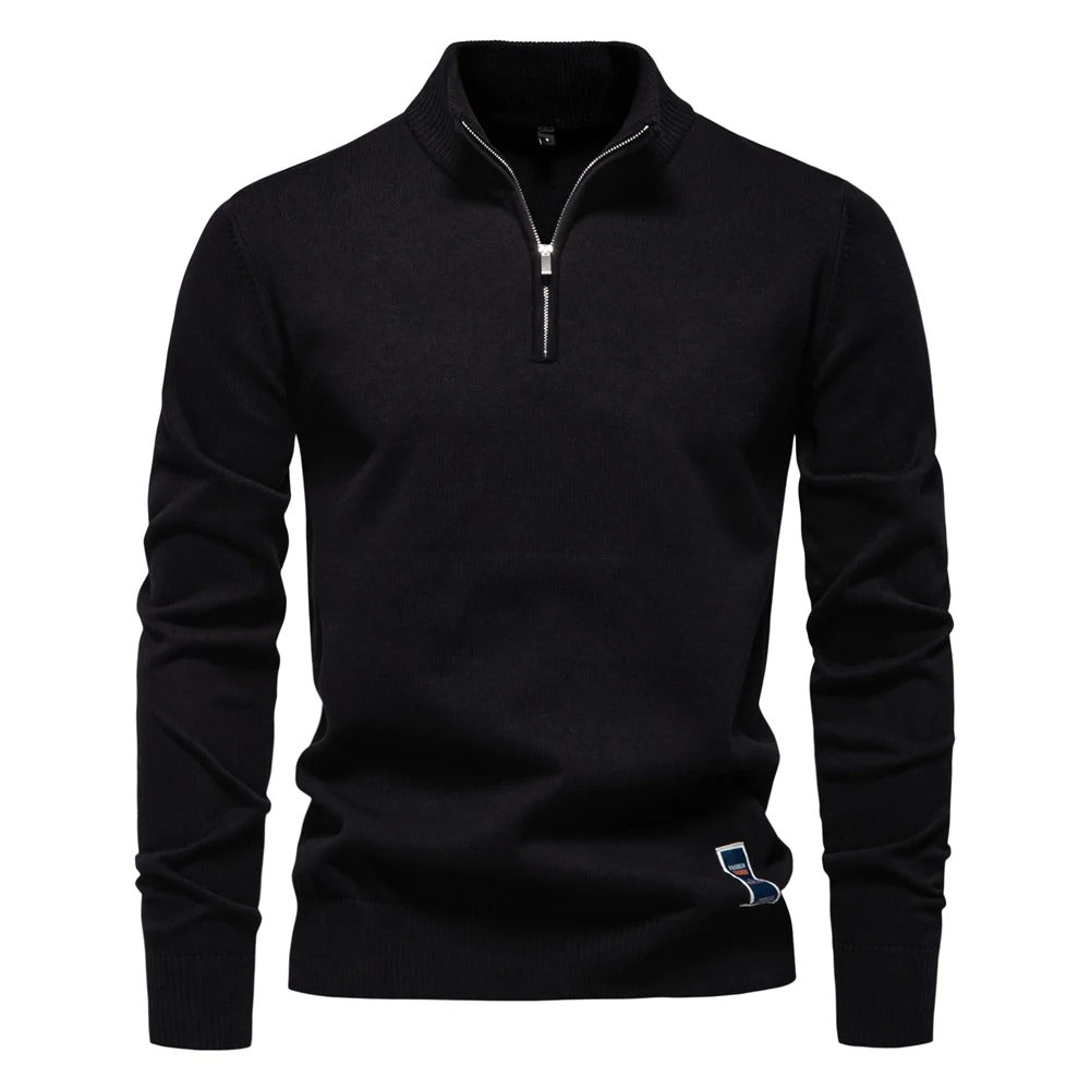 Herren-Pullover aus Baumwolle mit Viertelreißverschluss – Poloshirt aus einfarbigem Strick mit Stehkragen | ZSW-03