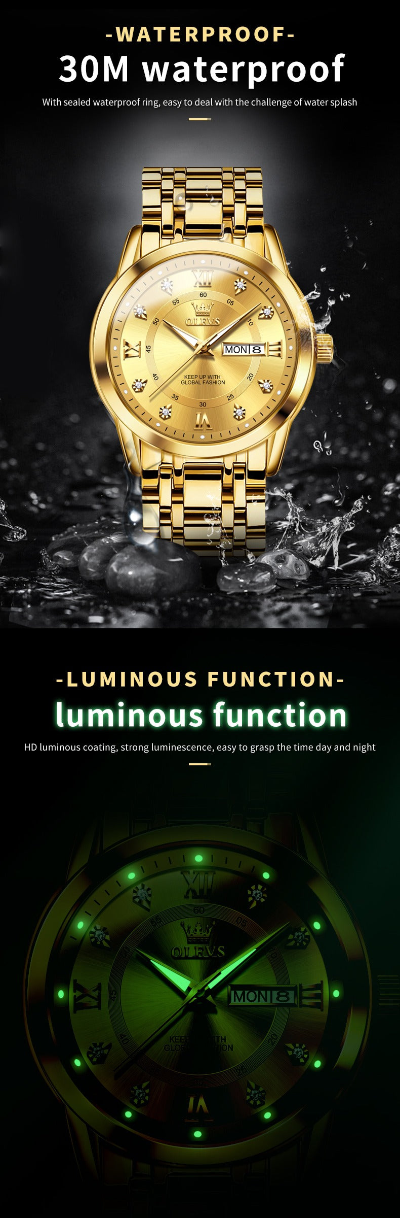 Luxuriöse Edelstahl-Quarzuhr für Herren, hochwertige Freizeit- und Business-Armbanduhr in Gold | 5513