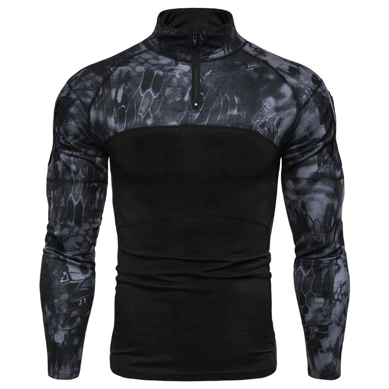 Herren Camouflage Stitching Casual T-Shirt Stehkragen Langarm Leichter Pullover | 1815-G11