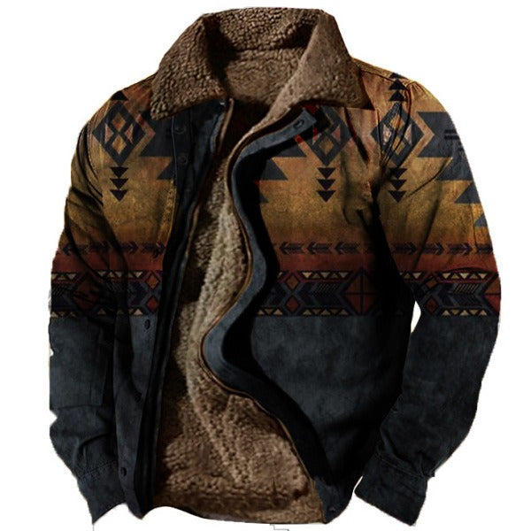 Herren-Fleece-Sherpa-Vintage-Jacke im Azteken-Stil, Übergröße, Reißverschluss und Knopfleiste, dicker taktischer Winter-Cargomantel mit Reverskragen