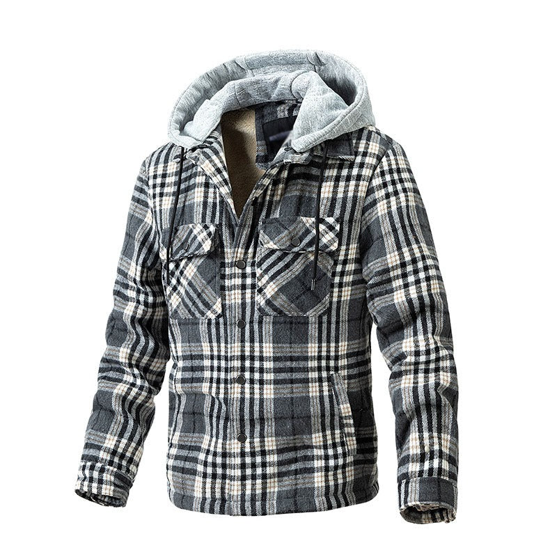 Hochwertige Winterjacke für Herren, karierte Wolle, schweres Übergrößenhemd, karierter Kapuzenmantel, Oversize-Oberteil | 88027