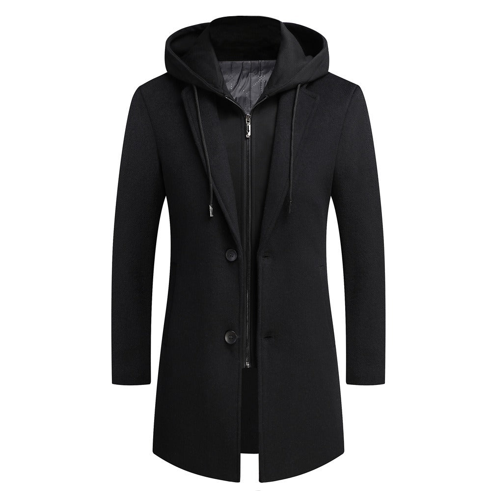 Herren Wolljacke mit abnehmbarer Kapuze, winddicht, mittellanger Mantel, lässiger, dicker Trenchcoat | 1909-3