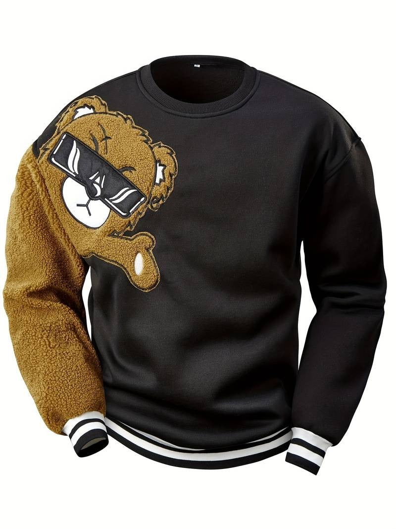 Herren-Sweatshirt mit Cartoon-Bär-Stickerei, Rundhalsausschnitt, Übergröße, Polyestergewebe, lebendiges Tiermuster, Oberteil, Freizeitkleidung, Strickstoffhemd