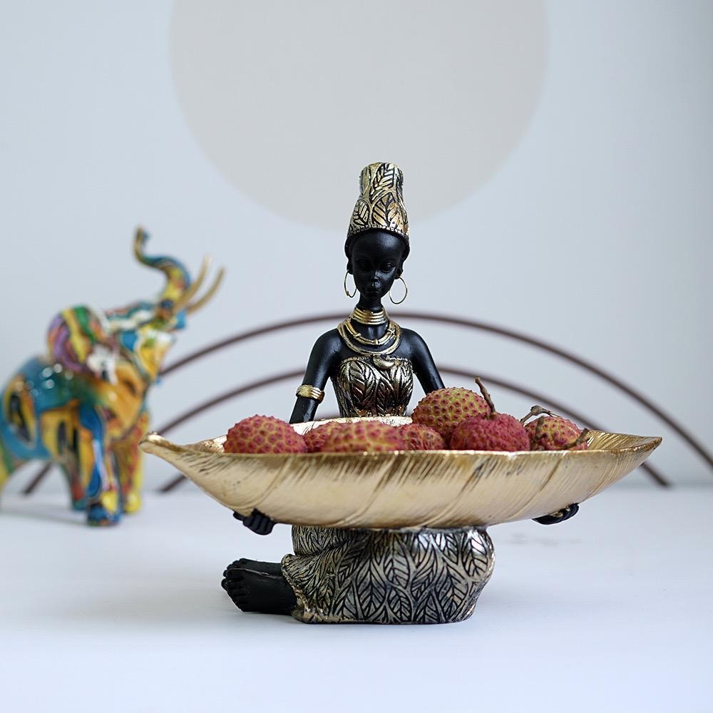 Afrikanischer schwarzer Obstteller, Ornament aus Kunstharz, Heimdekor mit Volkskunstmuster im thailändischen Stil, Schreibtisch-Aufbewahrungsdekoration | RRW040