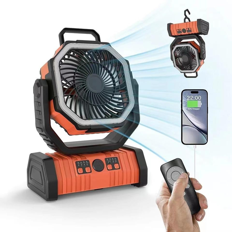 Tragbarer, wiederaufladbarer Outdoor-Camping-Ventilator mit Haken, USB-Tischventilator mit LED-Notlicht und Powerbank für Picknick, Wandern, Angeln