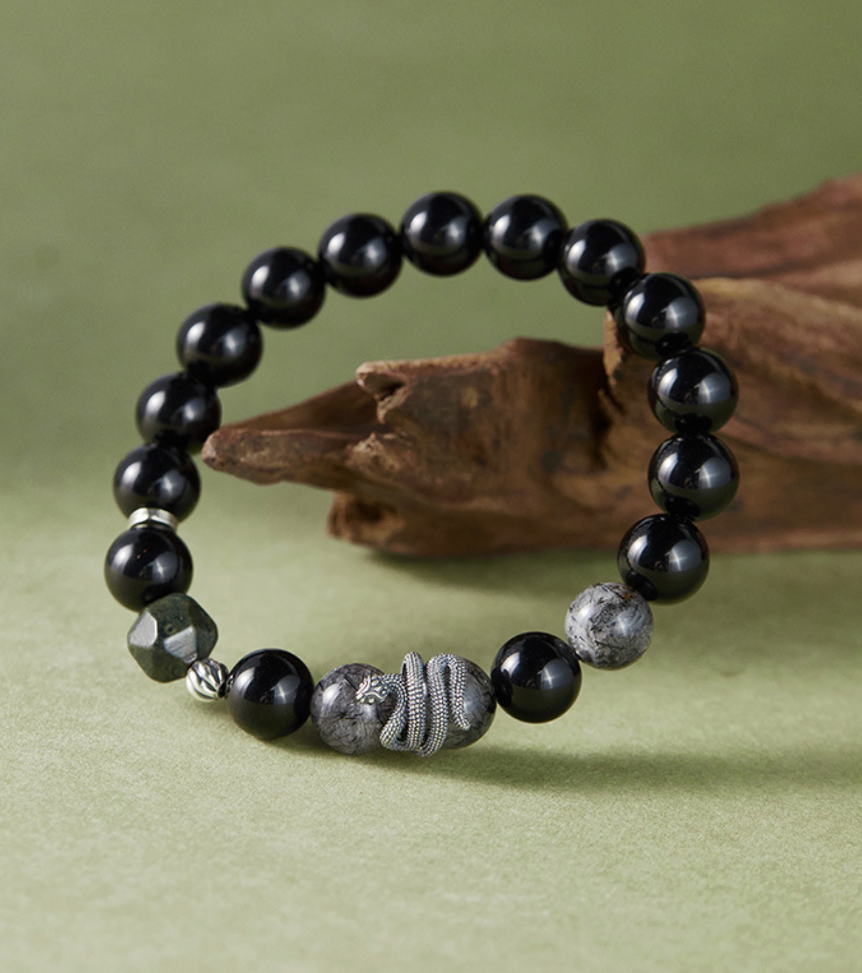 Black Mamba Serpent's Essence Obsidiankristall & Silber Schlangenarmband für Herren | VB24731-1BBYS