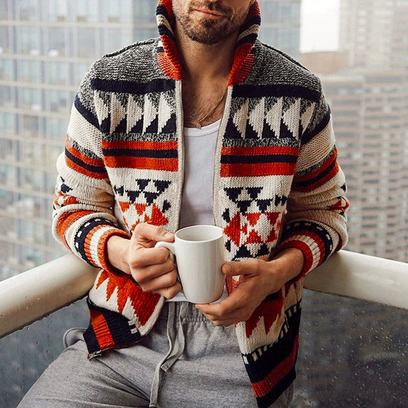 Herren-Strickjacke mit Reißverschluss, europäischer und amerikanischer Jacquard-Pullover mit langen Ärmeln und Revers | SY0012